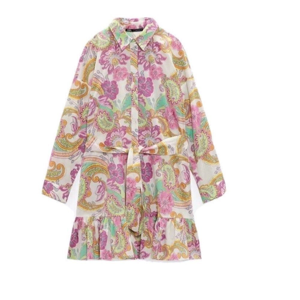 Zara Floral Print Shirt Dress Size S Paisley Pink Green White Belted 100% cotton